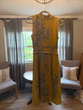 Nanette Lepore Mustard Pleated Floral Maxi Dress